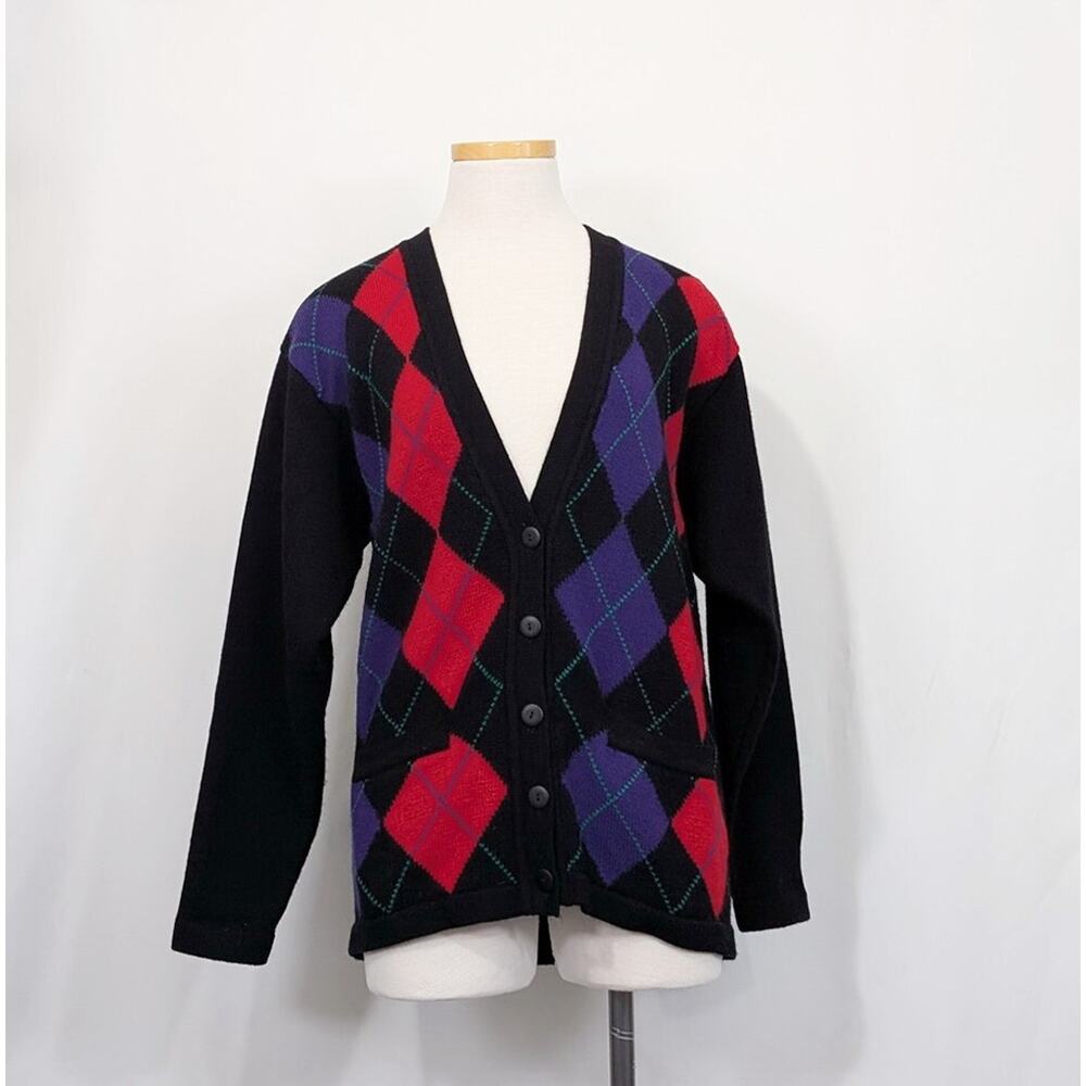Vintage 90s Cardigan Sweater Black Argyle Pattern Wool Women's Size Petite P